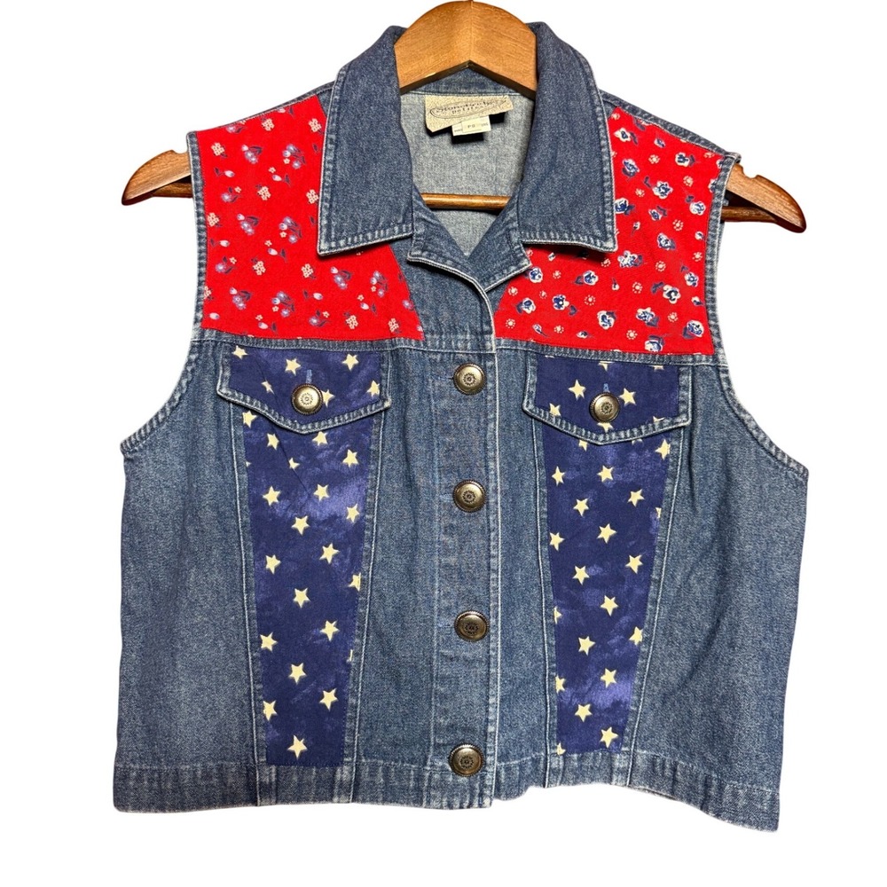 Vintage Stonebridge Petites‎ Women Small Patriotic Blue Denim Vest Americana